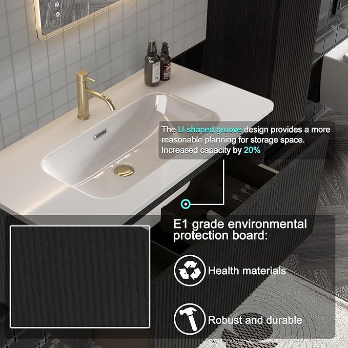 Wall Mounted Floating Bathroom Vanity with Sink Large Storage Modern Design One-Piece Sink Basin Minimalist Cabinet Built-in Overflow for Contemporary Bathrooms