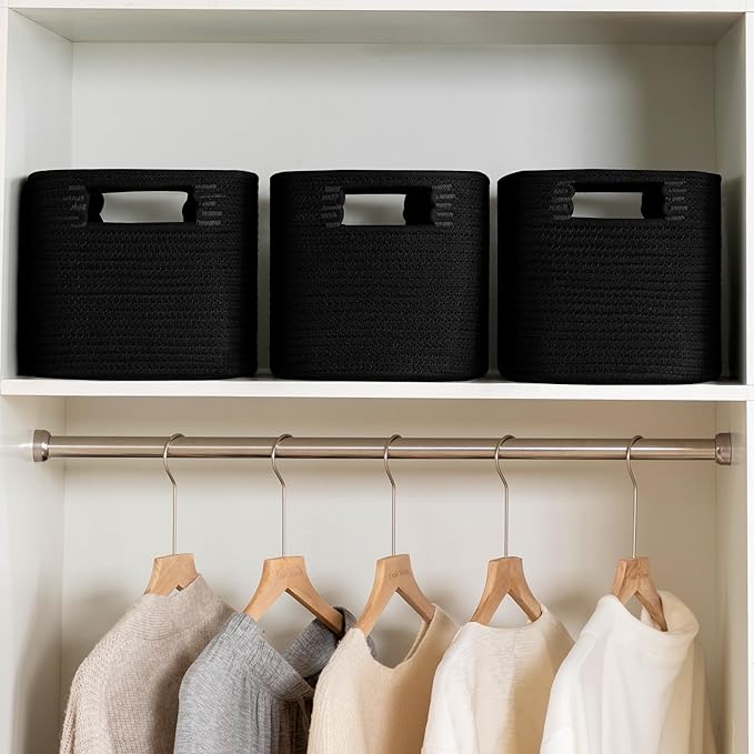 UBBCARE 2 Pack Storage Baskets for Organizing, Shelf Baskets with Handles, Woven Storage Baskets for Bookcase/Cube Shelf/Closet, 14.5"L x 9.8"W x 9"H, Black