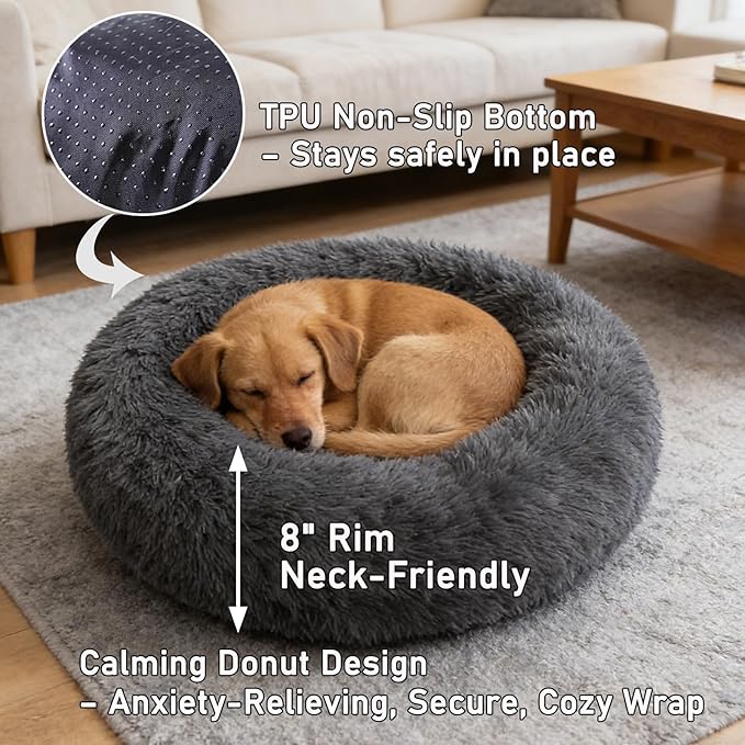 Calming Donut Dog Beds for Small Dogs Kitten - Washable Removable Cover Non-Slip Bottom, Round Pet Bed Puppy Bed Warming Fluffy Faux Fur Anti-Anxiety, Fits up to 15 lbs (Dark Grey, 20")