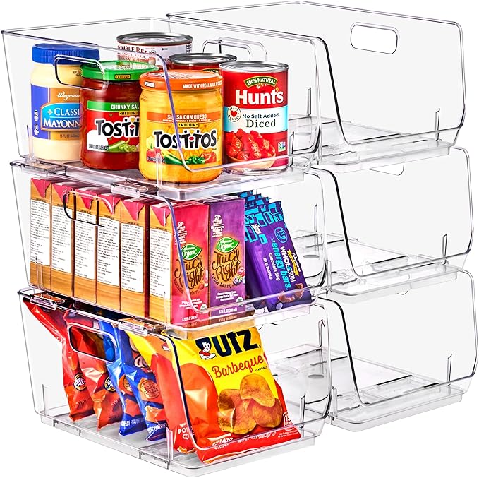Clear Stackable Pantry Bins – Open Front Organizer for Kitchen & Fridge (Medium 6 Pack)