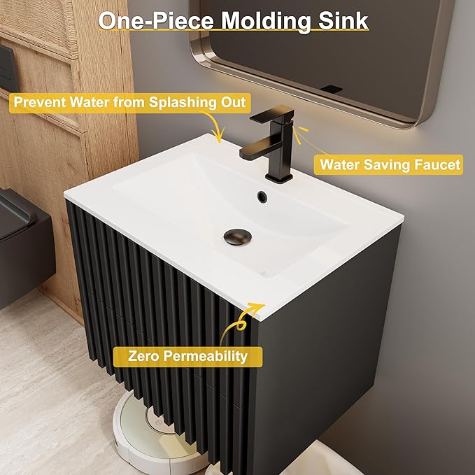 eclife 24" Floating Bathroom Vanity with Sink Combo, Modern Wall Mounted Cabinet with 2 Fluted Drawers, Undermount Sink, Faucet, Drain, Black
