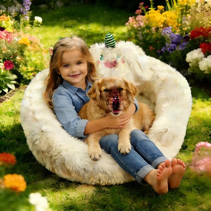 Kaiyue Plush 2-in-1 Dog Beds& Kids Sofa- Warm Little Nest with Cute Monster Design, Soft Fluffy Lounge for Children (Ages 3-8) and Small/Medium Cats/Dogs,Plush Anti-Anxiety Dog & Cat Nest for 30LB