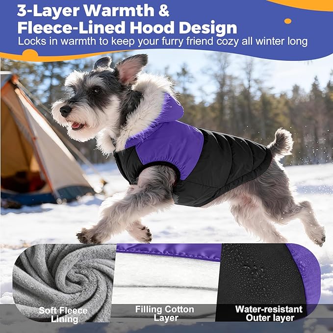 Dog Winter Coat with Hood, Fleece Lined Waterproof Dog Jacket,Warm Snowsuit for Small Medium Dog