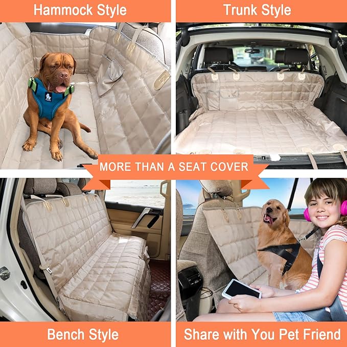 XLarge Dog Car Seat Cover for Back Seat Dog Seat Cover Hammock for Truck SUV - Waterproof Pet Car Seat Protector for Backseats Beige XL