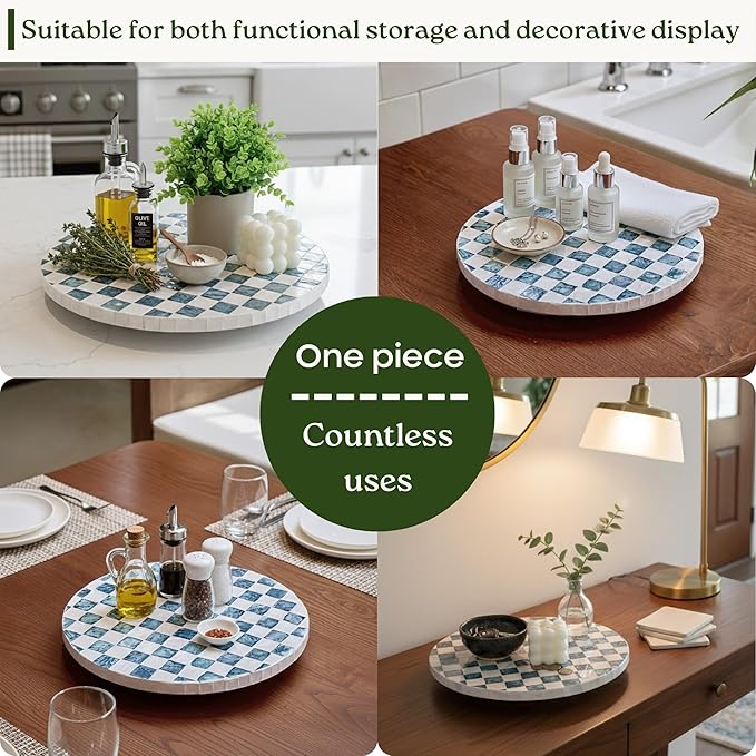 12" Checkered Lazy Susan for Tabletop, Handcrafted Mother of Pearl Turntable Organizer for Kitchen Counter, Coffee Table, Bathroom, Dining or Organizing (Navy Blue)