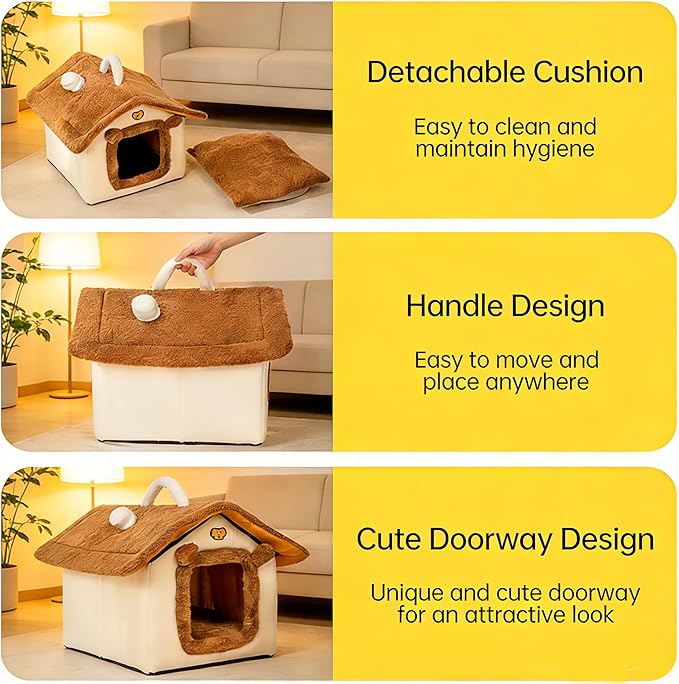 Lovely Cat Bed for Indoor Cats, Cartoon Pattern Cat Cave Bed with Handle Design, Soft Cat Hideaway Indoor Cat House for Kitten, Puppy & Small Pets (M)