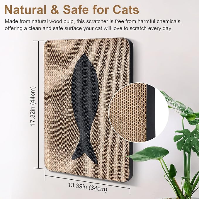 Ownpets Wall Cat Scratcher, Cute Vertical Cat Scratching Board, Wall Mounted Cat Scratch Pad for Wall, Glass, Wood, and Tile, Furniture Protector, Fish Print