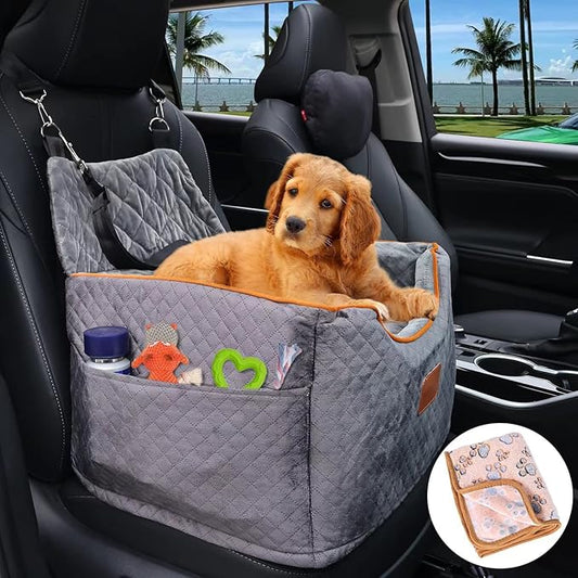 Memory Foam Booster Dog Car Seat with Washable Removable Cover, Elevated Pet Car Seat, Anti-Slip Sturdy Booster Seats for Small Dogs 35lbs, Seat Belt, Storage Pocket, Dog Blankets