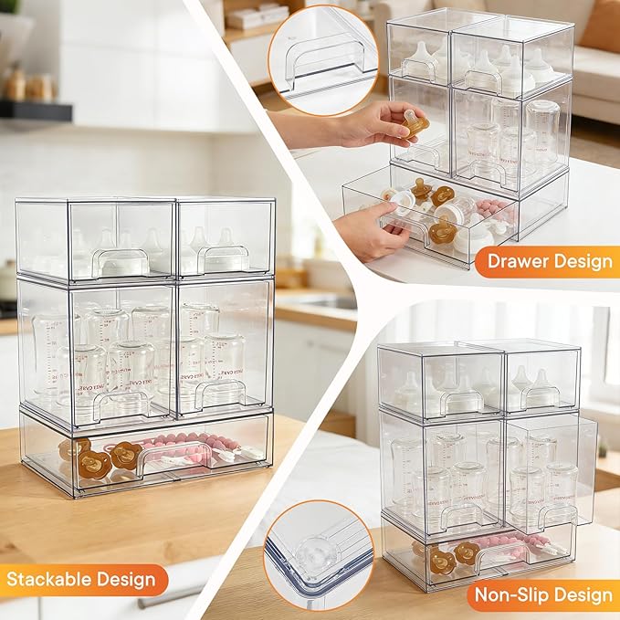 Baby Bottle Organizer, 5 Pack Clear Space-Saving Stackable Drawer with Handle, Baby Bottle Storage Organizer for Countertop and Cabinet