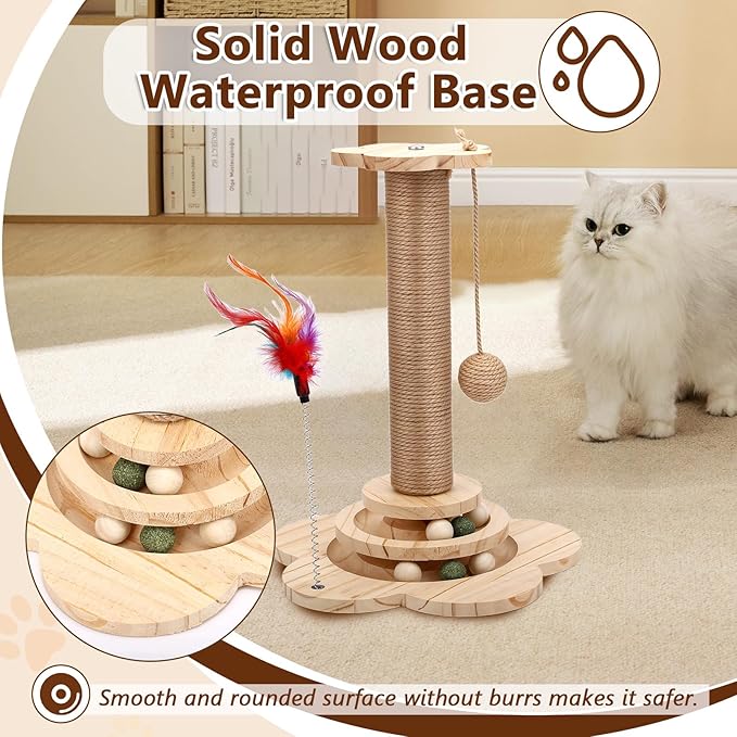Cat Scratching Post, Cat Tower Scratch Post, Cat Tower with Scratching Post, Wooden Cats Tree with Solid Wood Waterproofing Base Cat Toy and Interactive Ball for Adult Cats & Kittens (Small)
