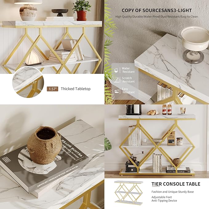 Garvee 3-Tier Entryway Table, Industrial Console Sofa Table with Storage, Accent Table with Open Shelves, Diamond-Shaped Metal Frame, Foyer Table for Entryway, Hallway, White