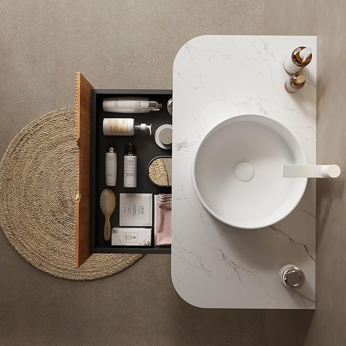 KEIKI 36" Bathroom Vanity Cabinet with Sink Combo, Wall Mounted Curved Edges Striped Floating Bathroom Vanity with Soft-Close Drawer, White Round Ceramic Basin Without Faucet, Natural Wood