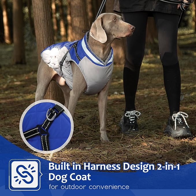 Dog Winter Coat with Harness, Dog Jacket, Pet Clothes with Zipper on Back, Waterproof Windproof Warm Vest, Reflective Cold Weather Coats, for Small Medium Large Dogs, Thick, Blue, XL