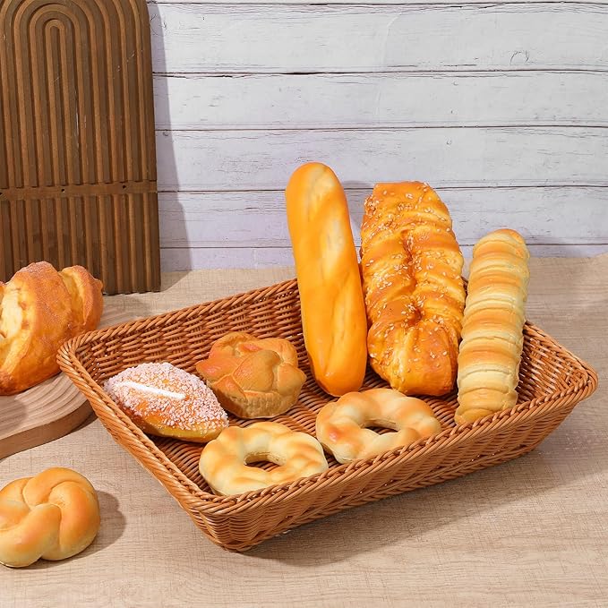 5 Pack 15.8 Inch Large Wicker Bread Baskets, Brown Woven Serving Basket Trays for Food, Bread, Fruits, Vegetables, Snacks - PVC Rattan Display for Restaurant & Home