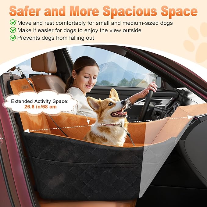 Elevated Dog Car Seat, Dog Booster Car Seats for Small & Medium Breeds Up to 35lbs, Fully Detachable and Washable, Memory Foam Pet Carseat with 2 Storage Pockets & 3 Safety Belts, Black + Brown