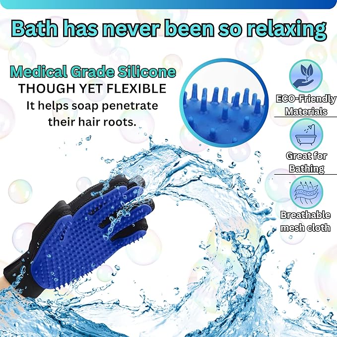 Pet Hair Remover Gloves - Gentle Deshedding & Grooming for Dogs, Cats & Horses (1 Pair, Blue)