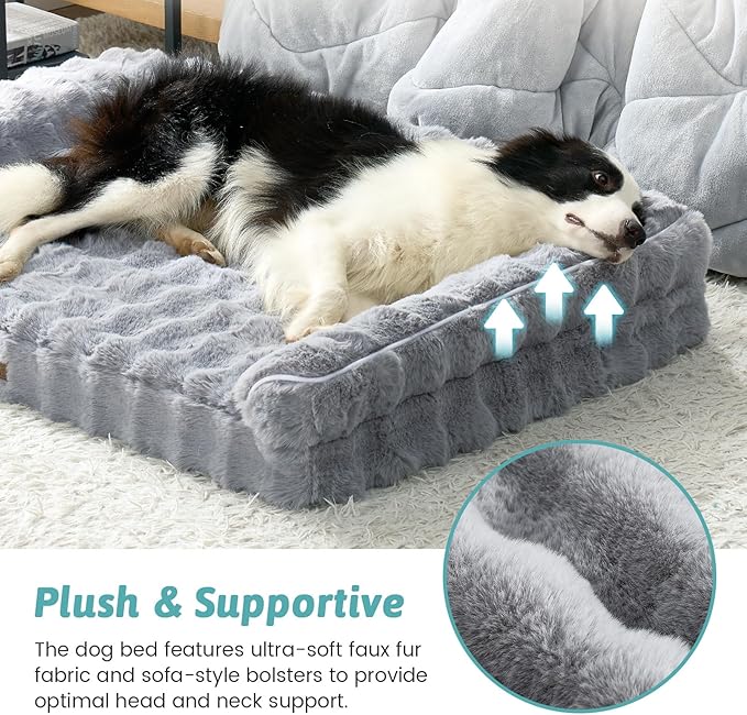 Faux Fur Orthopedic Dog Bed, Large Dog Bed, Supportive Foam Bolster Pet Sofa with Waterproof Lining Cover, Washable U-Shaped Pet Couch with Anti-Slip Bottom Design, Grey XL 42x30x7 inch