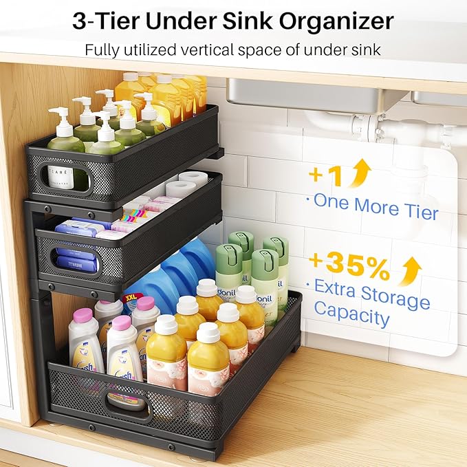 HERJOY Under Sink Organizer, 2-Pack 3-Tier Height Adjustable Thickened Metal Pull out Cabinet Organizer Shelf, Slide out Storage Drawer Rack for Bathroom Kitchen Pantry Home Laundry Organization