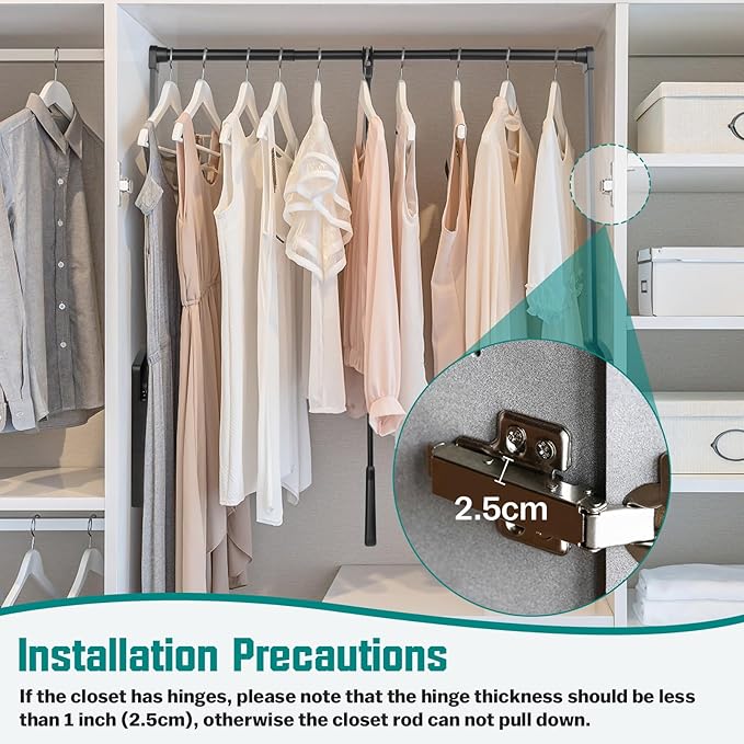 Put Down Closet Rod 2 Pack, Adjustable 26-35 Inch Wardrobe Lift Rail Organizer Two-way Buffering Heavy Duty Wardrobe Hanger for Cabinet, Organizer Storage System Side Mounted, 33 lbs Load Capacity