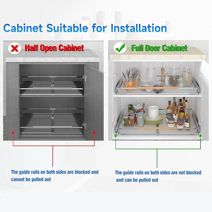 2Pack Expandable Pull Out Cabinet Organizer, 17.1~28" W x 22.5" D Heavy Duty Slide Out Shelves Adjustable Height Cabinet Pull Out Shelves,Expandable Width Spice Rack Organizer for Kitchen