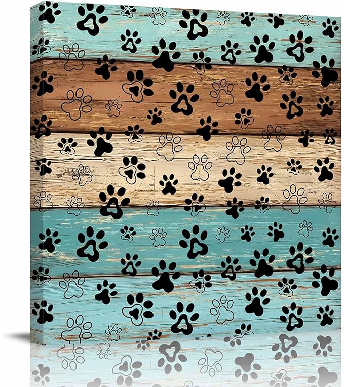 Framed Canvas Wall Art for Living Room Dog Paw Print Wall Decor, Retro Brown Turquoise Wood Grain Aesthetic Paintings for Bedroom Office Kitchen Bathroom, Ready to Hang Artwork Wall Pictures 8x8 Inch