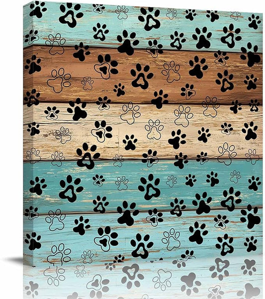 Framed Canvas Wall Art for Living Room Dog Paw Print Wall Decor, Retro Brown Turquoise Wood Grain Aesthetic Paintings for Bedroom Office Kitchen Bathroom, Ready to Hang Artwork Wall Pictures 8x8 Inch
