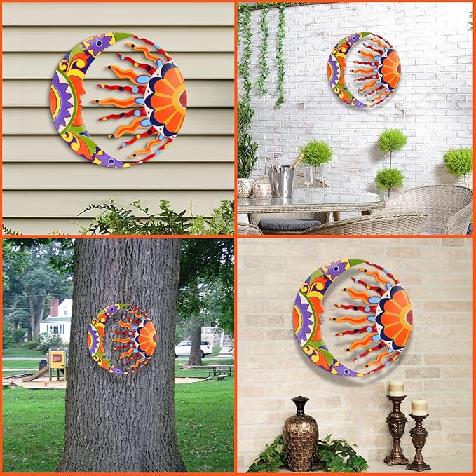 SUNNYPARK Metal Sun and Moon Wall Art Decor, 16" Colorful Handcrafted Mexican Talavera celestial Wall Sculptures Hanging for Indoor Outdoor Living Room, Garden, Patio