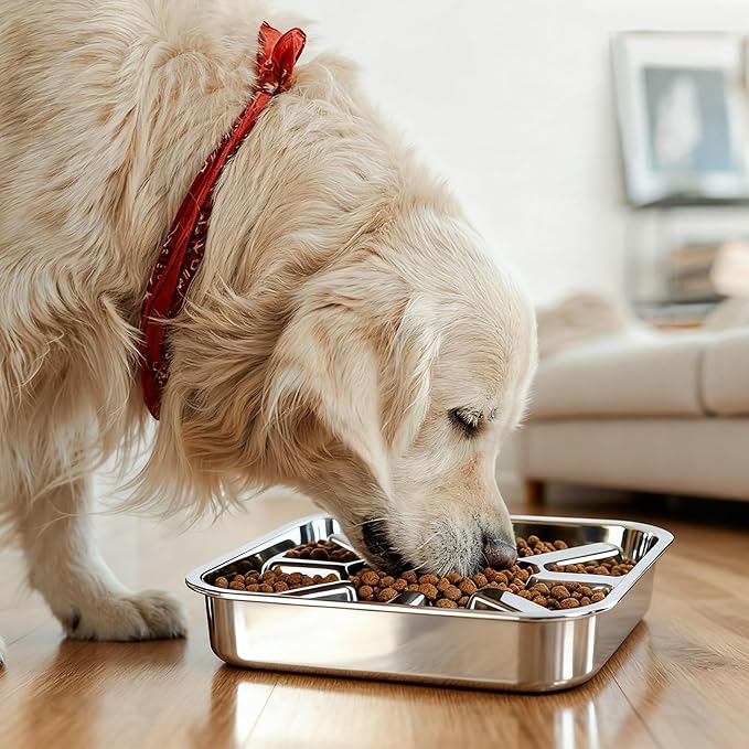 Stainless Steel Slow Feeder Dog Bowls Large & Medium Breed 3 Cups, Food Grade 304, Non-Slip Base, Deep Ridges to Slow Eating, Metal Slow Feeder Dog Bowls, Dishwasher & Chew-Proof & Rustproof