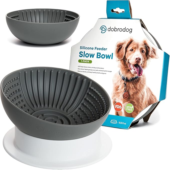 Slow Feeder Dog Lick Bowl 2in1 Elevated Set – Silicone Mat with Suction & Raised Stand, Puzzle Design Slows Eating, Anti-Bloat Interactive Dish, Dishwasher Safe, Gray