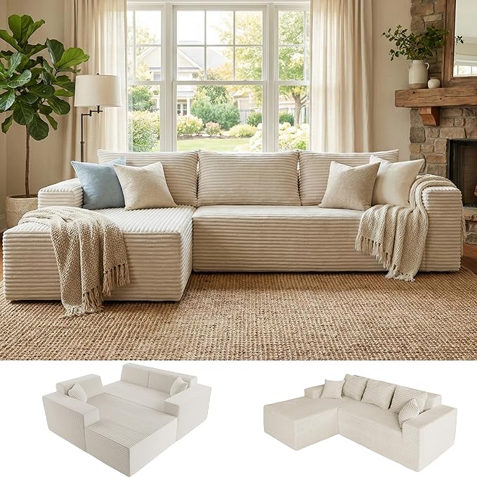 Claiks Boneless Couch, Cloud Couch Sectional, L-Shape Corduroy Modular Sectional Sofa Deep Seat, Upholstered Couches for Living Room, No Assembly Required, Beige, Left Facing Chaise