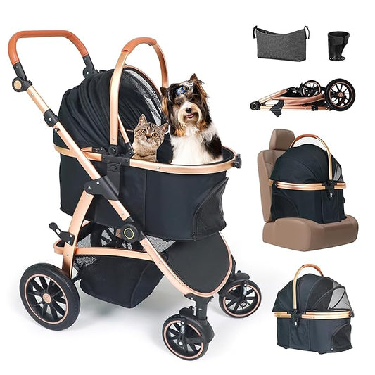 3 in 1 Pet Stroller for Small to Medium Dogs and Cats up to 55 lbs with Detachable Carrier/Car Seat, 34.44x24.21x 42.91, Foldable and Lightweight, Detachable Cushion + Cup Holder (Black/Gold)