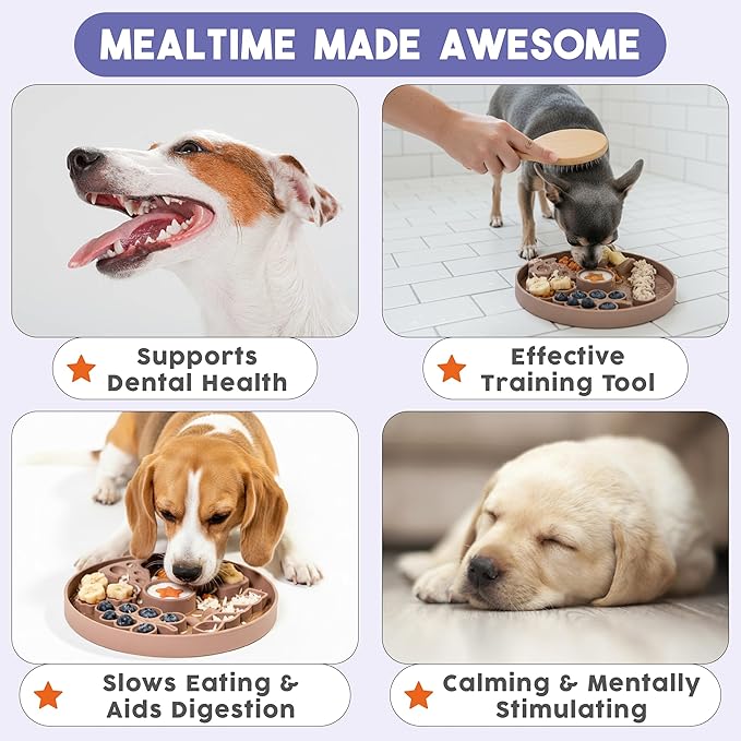 Awoo Smorgasboard - Silicone Dog and Puppy Lick Mat and Slow Feeder with Suction Cups - Non-Slip, Dishwasher Safe Pet Dish - Extends Mealtime for Fast Eaters - for Wet & Dry Food (Toast)