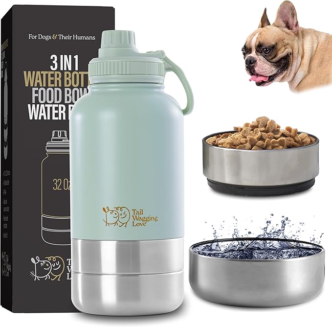32oz 3-in-1 Portable Dog Travel Water Bottle, Food & Hydration Bottle - Dual Use for Humans & Pets with Detachable Bowls, Stainless Steel, Keeps Water Hot for 6hrs & Cold for 12hrs