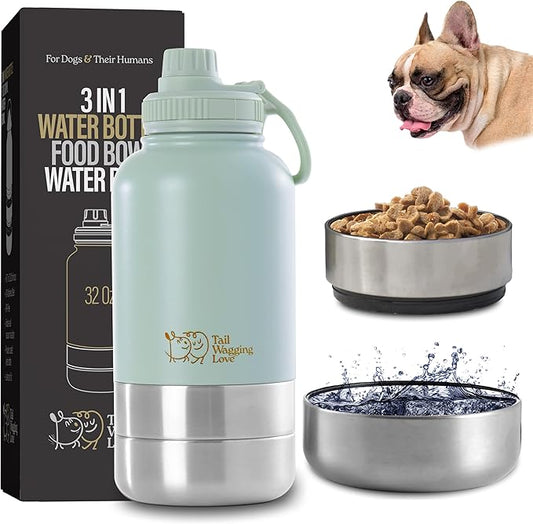 32oz 3-in-1 Portable Dog Travel Water Bottle, Food & Hydration Bottle - Dual Use for Humans & Pets with Detachable Bowls, Stainless Steel, Keeps Water Hot for 6hrs & Cold for 12hrs