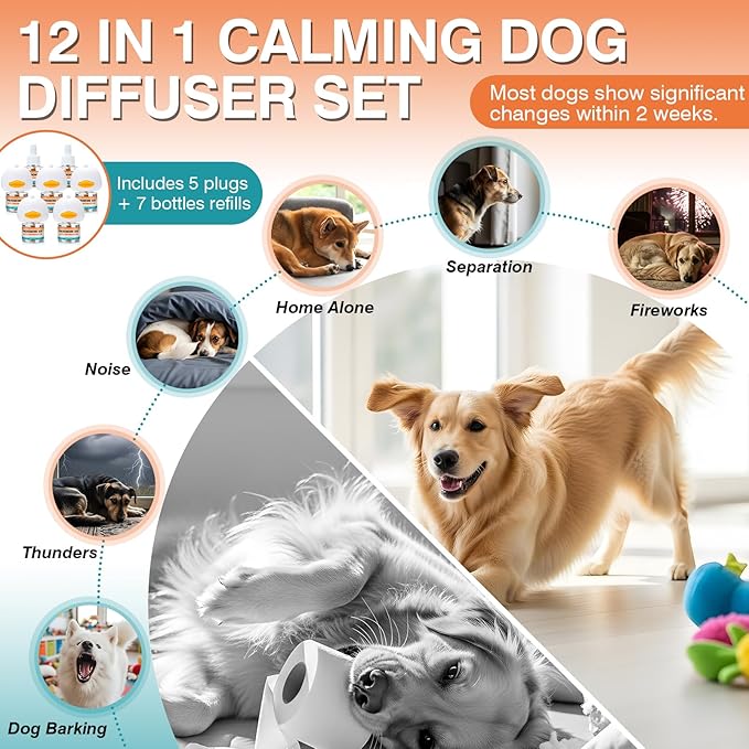 Dog Calming Pheromones Diffuser to Calm Pet 12 in 1 Advanced Kit Appeasing Pheromone for Anxiety Relief (5 Plug in+7 Pack 48ml Refill) Reduce Aggression Fighting Barking Stress (Peach