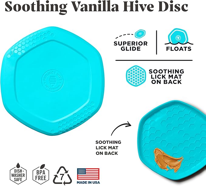 PROJECT HIVE ·PET COMPANY· - Soothing Vanilla Scented - Hive Frisbee Disc for Dogs - Great for Fetch - Includes a Lick mat on Back - Floats in Water, Smooth Glide - Made in The USA