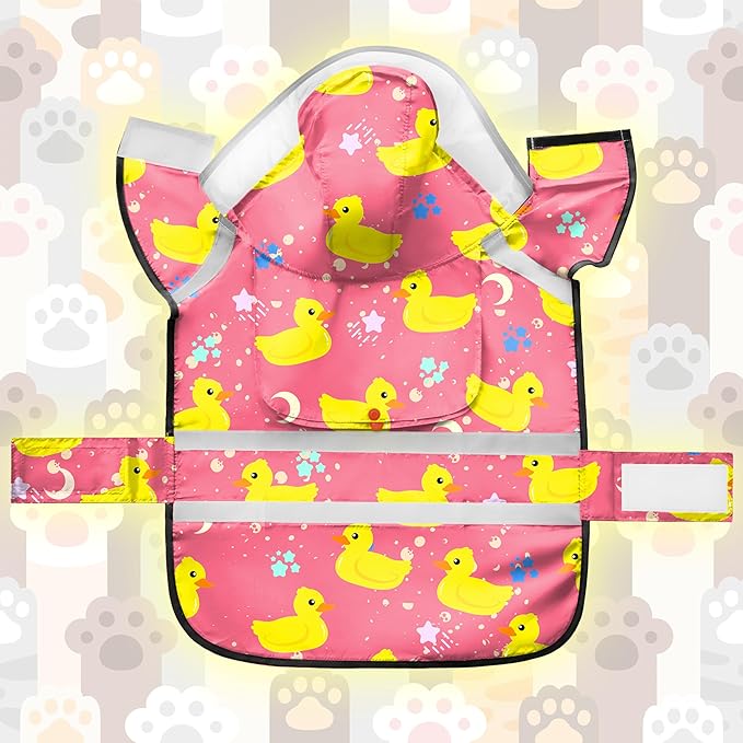 Dog Raincoat, Adjustable Rain Jacket with Hooded Double Layer for Large Medium Small Dogs Puppies, Lightweight Waterproof Rain Coat Poncho with Reflective Stripe Duck Pink,S
