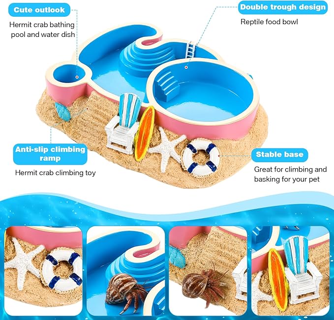 Gerrii Hermit Crab Water Bowl with Climbing Ramp, 2 Compartments Resin Hermit Crab Water Bathing Pool Accessories Food Dish Seashell Reptile Climbing Habitat Platform for Lizard Frog Gecko