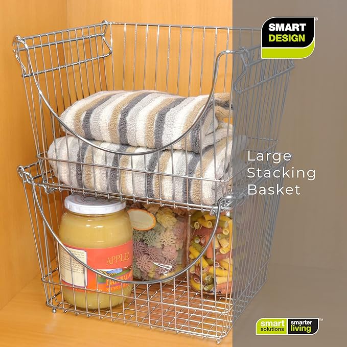 Smart Design Stacking Baskets with Handles - Set of 2 Large - Steel Metal Wire - Fruit Produce and Vegetable Safe Storage Bin Organizer - Pantry Counter Stand Rack - 12.5 x 8.5 Inch - Chrome