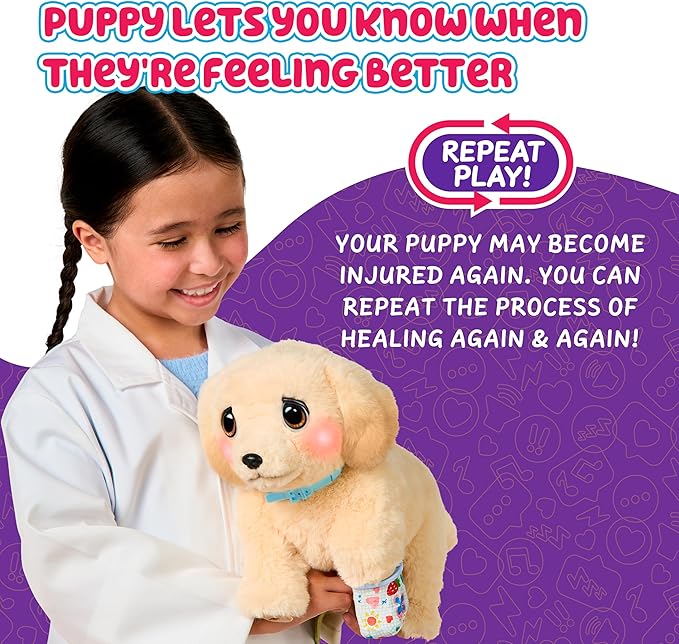 Little Live Pets Ouchies Cooper The Retriever Puppy, 50+ Sounds, Limping to Walking Puppy Toy with Vet Carrier, Interactive Toy Dog for Kids Ages 5+
