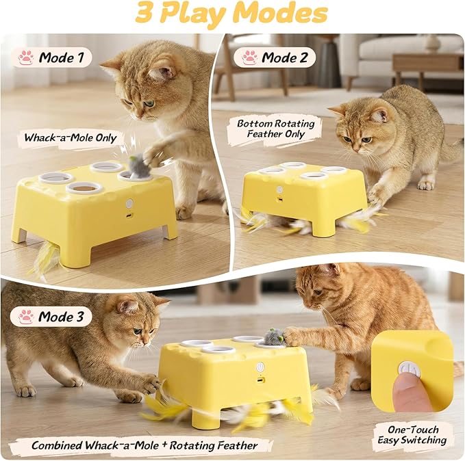 2-in-1 Cheese Box Shaped Interactive Cat Toys for Indoor Cats – 4-Hole Mole & Rotating Feather | USB Rechargeable Electronic Cat Toy for Bored Indoor Adult Cats & Kittens, Cat Whack a Mole Toy, Yellow