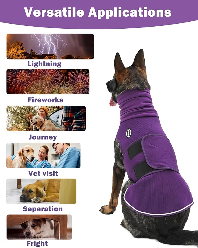 Dog Anxiety Vest with Hood, Skin-Friendly Thunder Jacket for Dogs, All-in-One Dog Calming Shirt with Hood for Thunder, Fireworks, Separation - Keep Pet Calm Without Medicine, Purple, XL