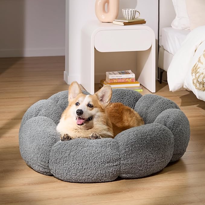 LE SURE Calming Large Dog Bed - Flower Donut Round Fluffy Puppy Bed in Plush Teddy Sherpa, Non-Slip Cute Flower Dog Beds, Large Pet Bed Fits up to 100 lbs, Machine Washable, Grey 36"