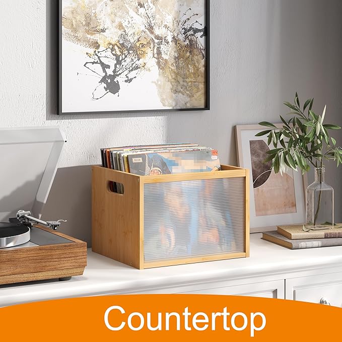 GHWIE Record Storage Holder LP Record Storage ，Visible Record Holder Crate with Handle，Great for Storing Vinyl Records/Albums, Folders, Books, Toys and Clothes