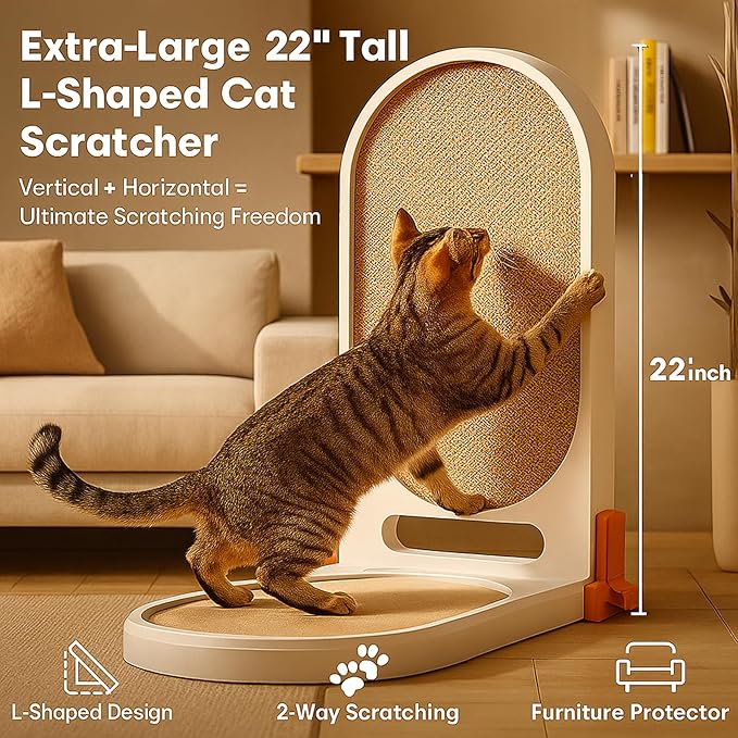 Extra Large 45" L Shaped Cat Scratcher with Ball Toy, Cat Scratch Pad for Indoor Cats, Durable Cardboard Cat Scratching Board & Couch Furniture Protector, Modern Cat Scratching Post for Cats