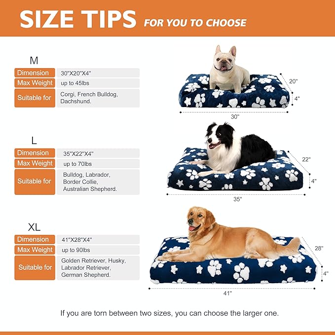 Dog Beds for Extra Large Dogs, Cute Thick Dog Bed for Crate Kennel, Fluffy Pet Bed with Removable Washable Cover and Anti-Slip Bottom, 41"x 28", Navy Paw
