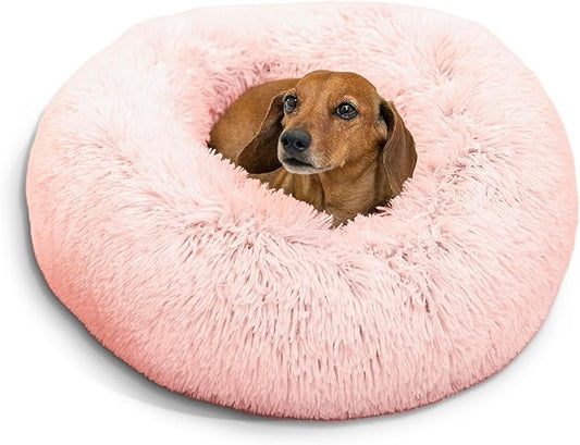 Best Friends by Sheri Original Calming Donut Dog and Cat Bed, Shag Faux Fur, Cotton Candy Pink, (23in x 23in) - Anxiety Relief for Pets Up to 25 lbs