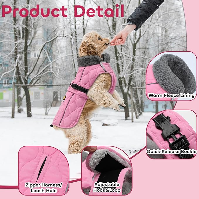 Dog Winter Coat, Adjustable Quilted Dog Snow Jacket with Fleece Lining, Water Resistant Pet Apparel for Cold Weather, Warm Large Doggie Coat with Leash Hole and Reflective Strip, NewPink L
