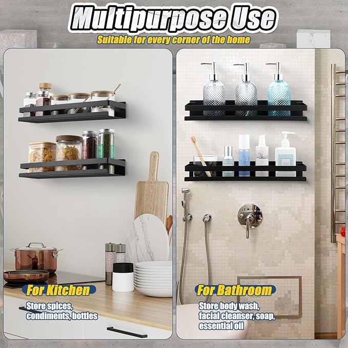 Lallisa 4 Pieces 15.75 Inch Stainless Steel Shelf Bathroom Shower Floating Shelves Wall Mounted Shower Caddy Basket Shelf Storage Organizer Shelves for Bathroom, Kitchen, Living Room (Black)