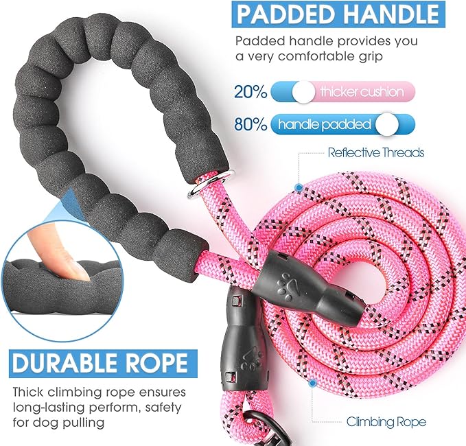 BAAPET 2/4/5/6 FT Dog Leash with Comfortable Padded Handle and Highly Reflective Threads for Small Medium and Large Dogs (6FT-1/2'', Pink)